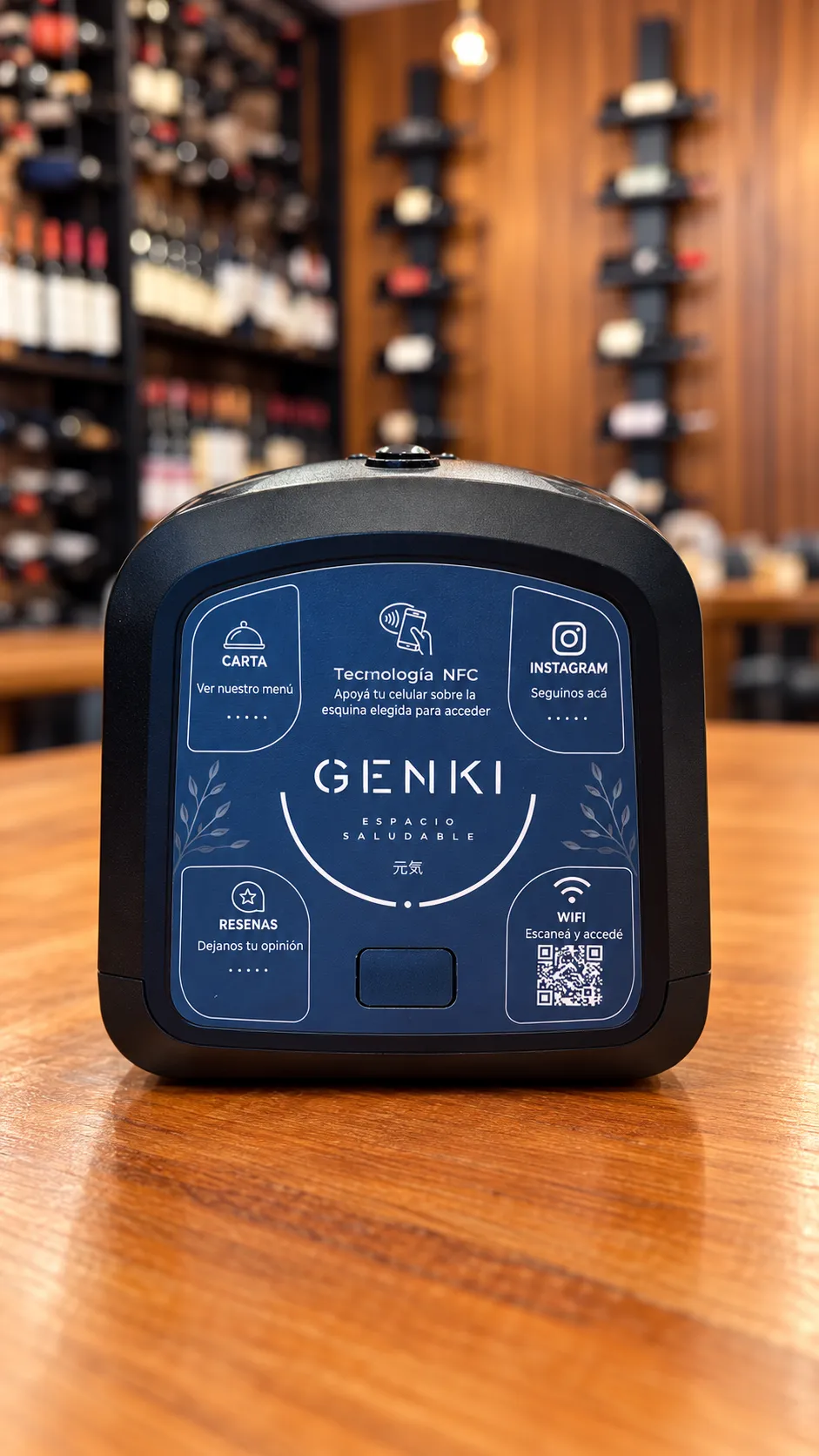 Servilletero personalizado de Genki con accesos NFC y QR sobre la barra del local